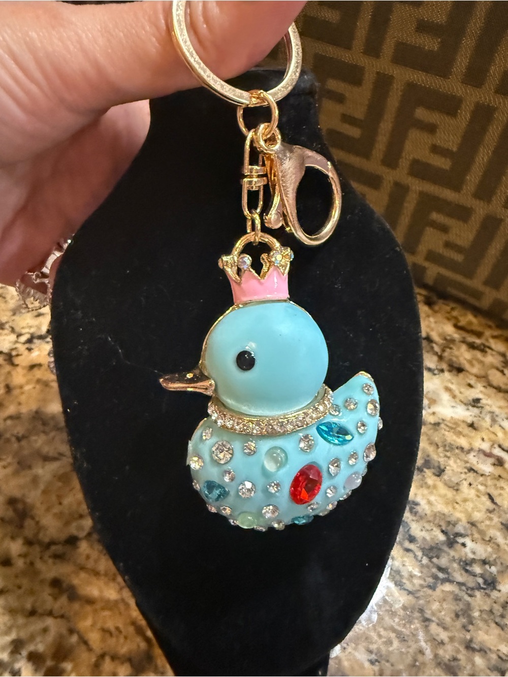 Crystal-Studded Aqua Duck Keychain with Pink Crown